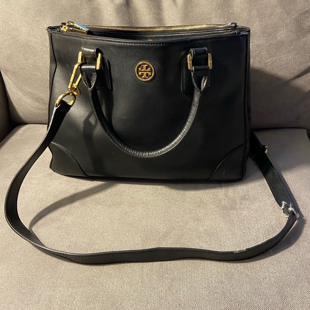Tory Burch Black & Gold Classic Leather Work Purse/Bag